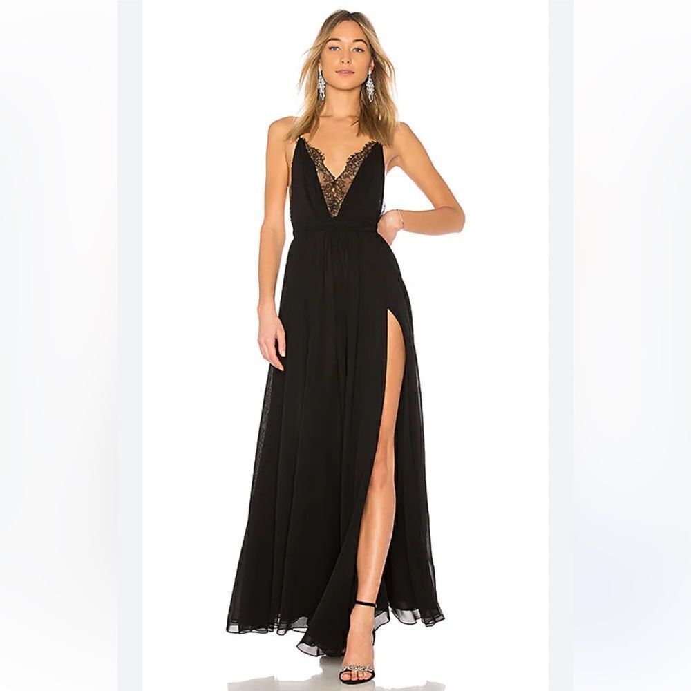Michael Costello x Revolve Justin gown black maxi dress slip lace trim event S